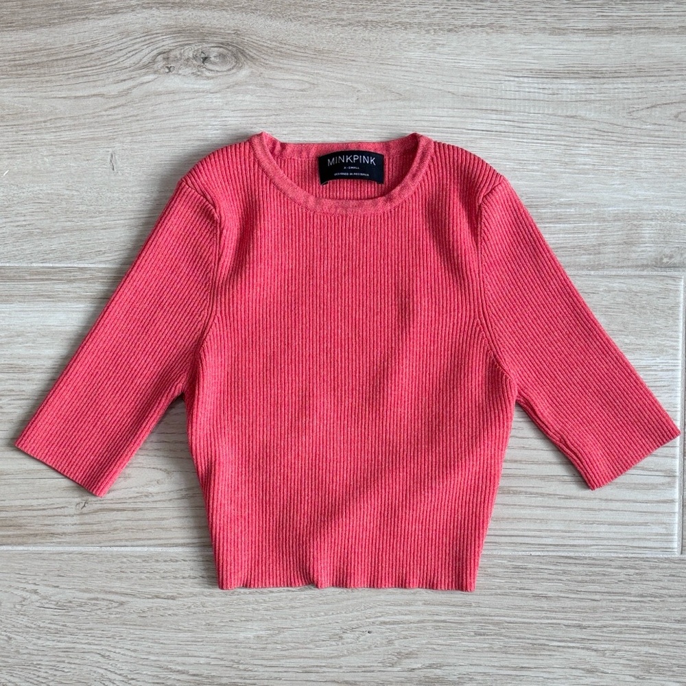 MINKPINK Ribbed Criss Cross Open Back Top Sweater Pink XS